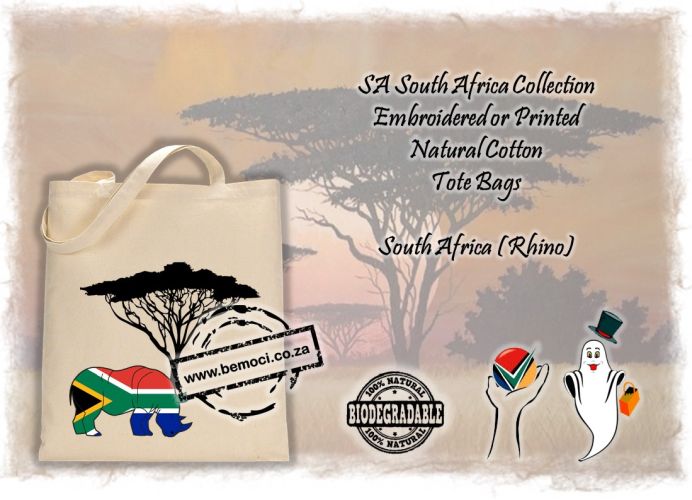 South African Flag Cotton Tote Bags with Big 5 Rhino Print or Embroidery