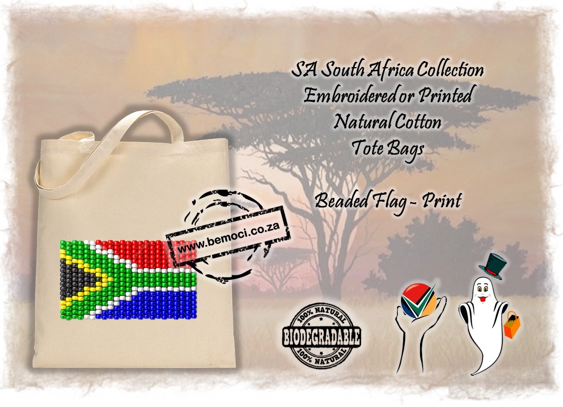 South African Flag Beaded Print 100% Cotton Tote Bags