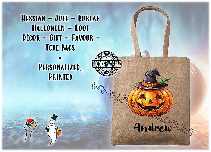 Halloween Bags, Customized Personalized Printed, Hessian Jute Burlap, Trick or Treat, Loot, Tote Bags