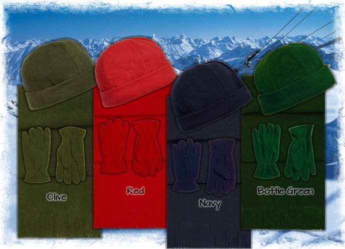 Polar Fleece Beanies Gloves and Scarves, Olive, Red, Navy, Bottle Green