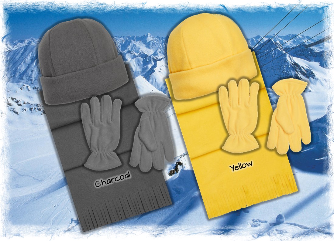 Polar Fleece Beanies Gloves Scarves Charcoal and Yellow