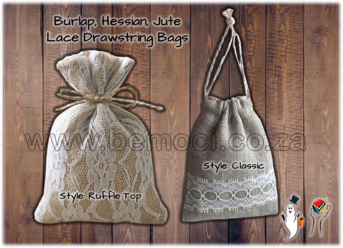 Hessian Jute Burlap and Lace Drawstring Bags, Gift Bags, Wedding Party Special Occasion Favour Bags