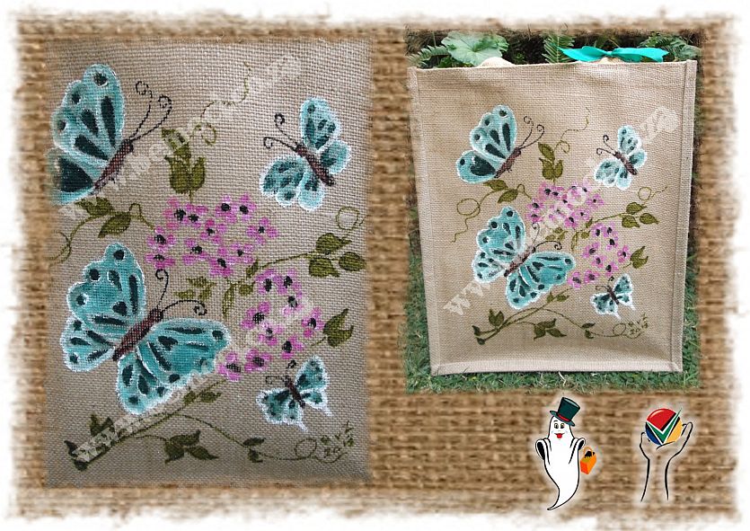Hand-Painted Butterflies, Laminated Hessian Jute Tote Bags