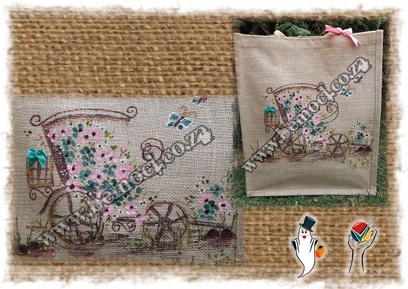 Laminated Hessian Jute Tote Bags, featuring a Hand-Painted Flower Wagon