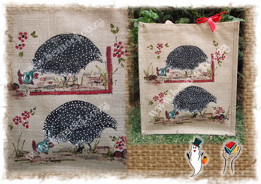 Hessian Jute Tote Bags Laminated, Handpainted Guinea Fowls