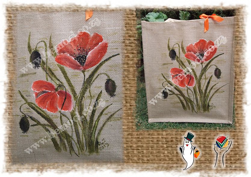 Laminated Hessian Jute Tote bag, hand-painted with a vibrant poppy flower.