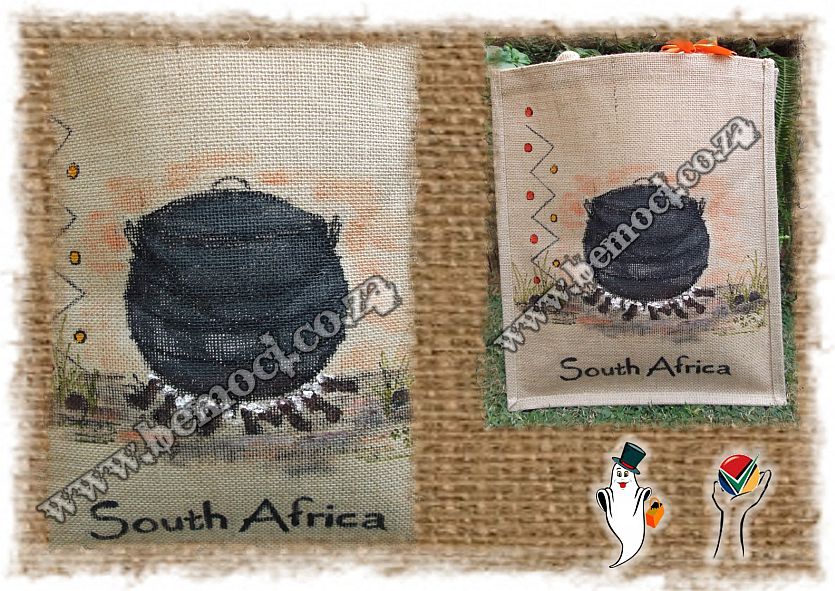 Hessian, Jute, Tote Bags, with hand-painted authentic Potjie Pot.