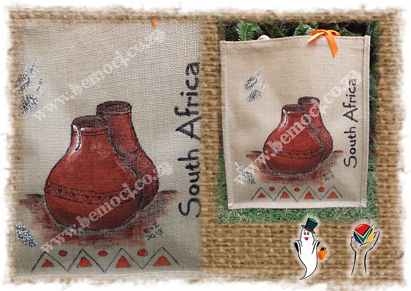 Hessian Tote Bags, Laminated Jute Bags, with hand-painted African Pots, Gourd or Calabash.