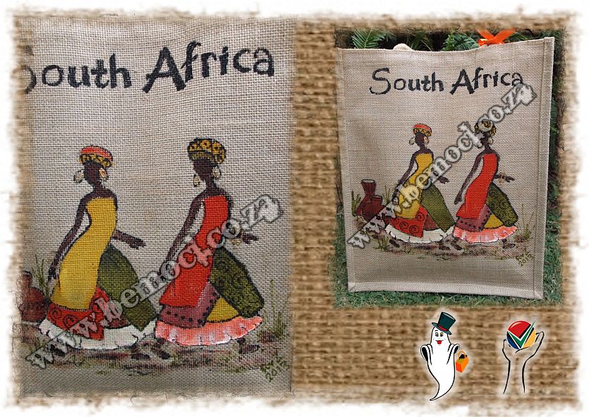 Hessian Jute Tote Bags, Hand-Painted Rural Ladies-1