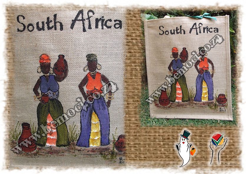 Hessian Jute Tote Bags, laminated, Hand-Painted Rural Village Ladies-2