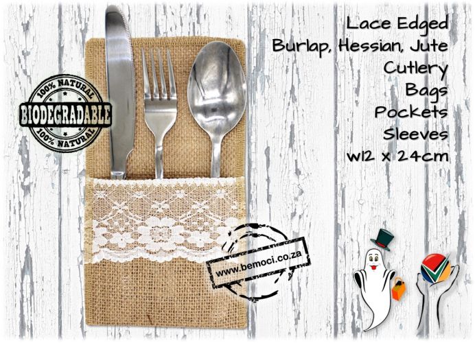 Lace trimmed Hessian/Burlap/Jute Cutlery/Utensil Bags/Pockets/Sleeves