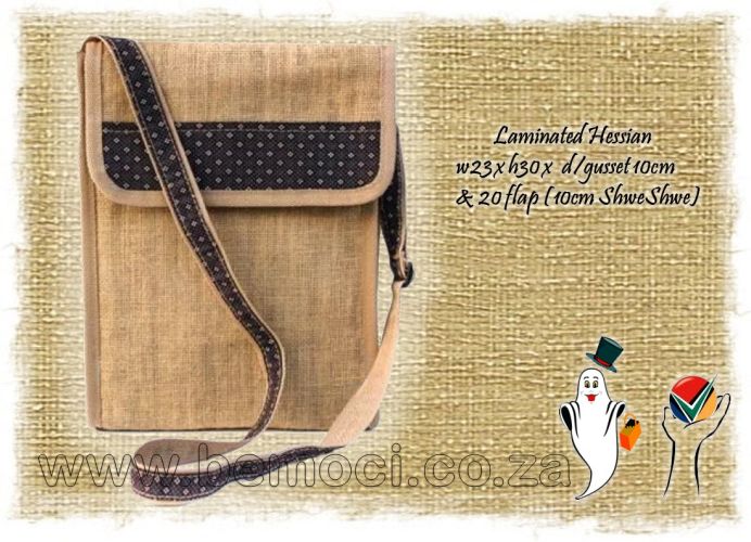 Hessian Jute Burlap Messenger Bags, Conference Bags with ShweShwe Trimmings
