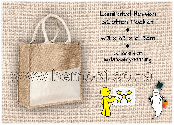 Laminated Hessian, Jute, Tote, Shopping Bags with Cotton Pocket.