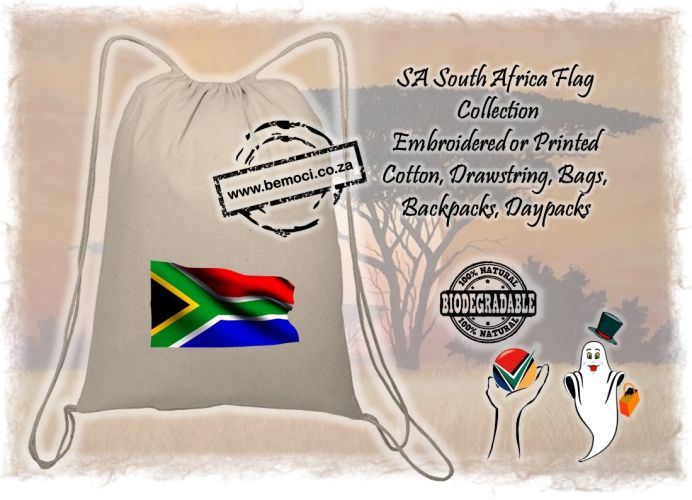 South African Flag Drawstring Backpacks Daypacks 100% Cotton printed