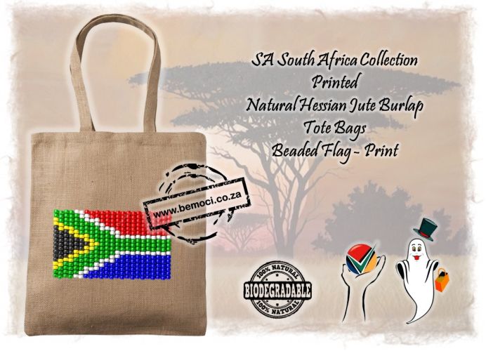 South African Flag Bags Tote Bags Hessian Jute Burlap Beaded Flag printed or actual beaded Flag