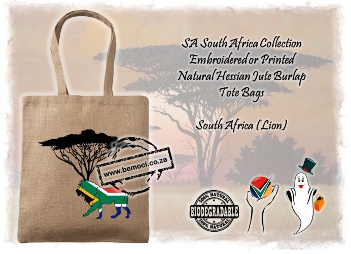 Big 5 Tote Bags, Hessian Burlap Jute, South Africa Flag, Lion. Big 5 Bags Lion & South Africa Flag with Acacia Tree printed on Jute Hessian & Burlap