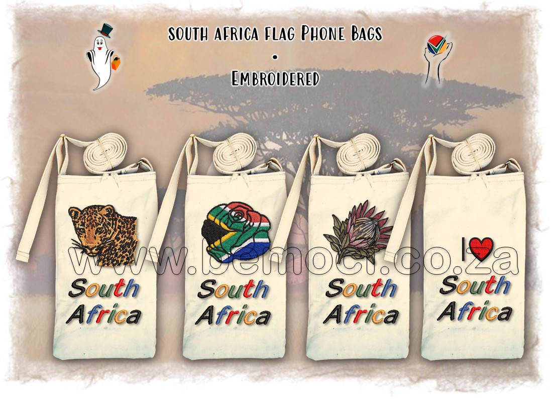 Phone and Mobile Pouches printed with South African Flag Rose,
Proteas, I love South Africa and Leopard Head