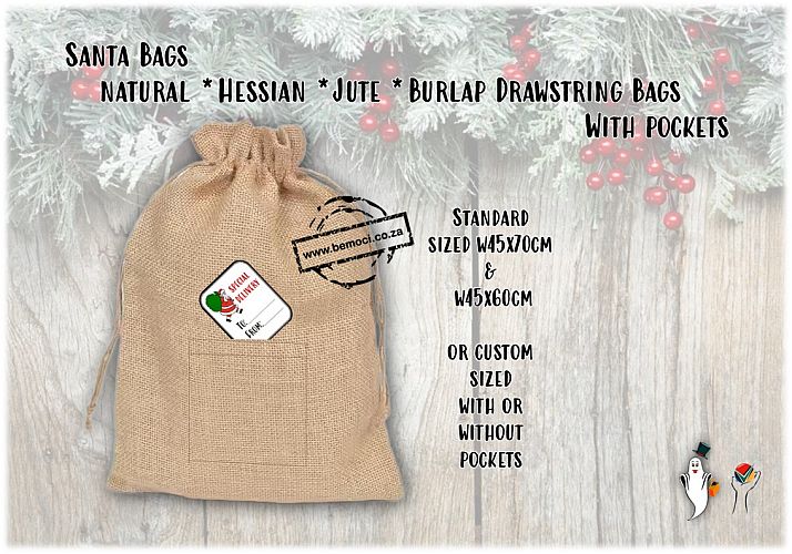 Santa Bags, Hessian Jute Burlap Drawstring Santa Bags - Sacks - with Pockets.