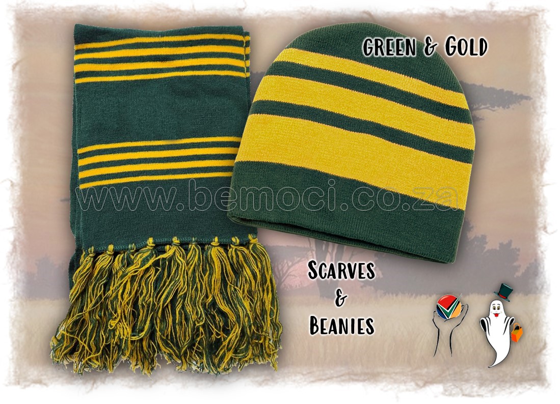 Green and Gold Beanies and Scarves, knitted