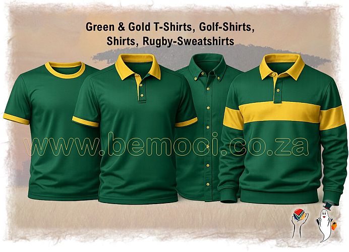 Green and gold T-shirts, golf shirts, shirts and rugby-style sweatshirts