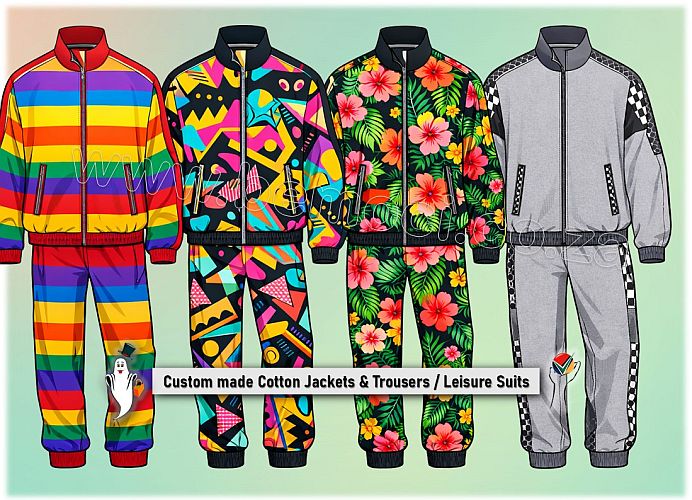Unisex cotton leisure suits with jackets and trousers in colorful, geometric, floral, and accent printed fabric, designs