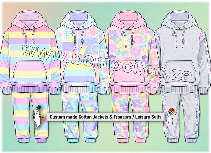 Unisex cotton leisure lounge casual suits with hooded jackets and trousers in soft pastel prints