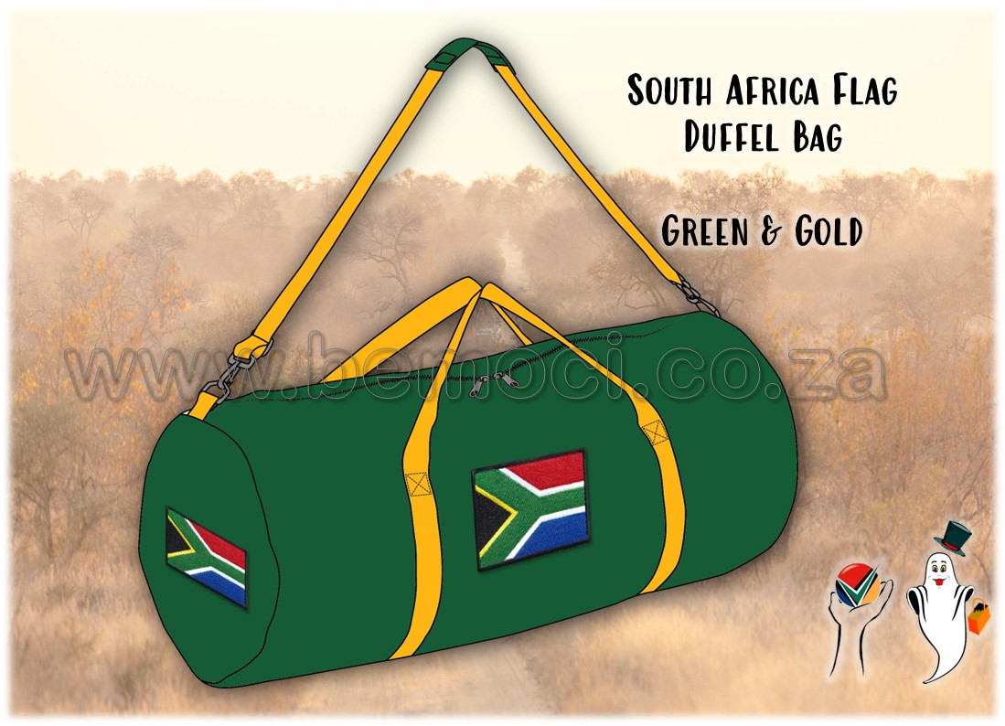 South Africa Flag Duffel Bag. Green & Gold. Cotton Canvas. South Africa Flag Duffel Bag. Green & Gold. Cotton Canvas.